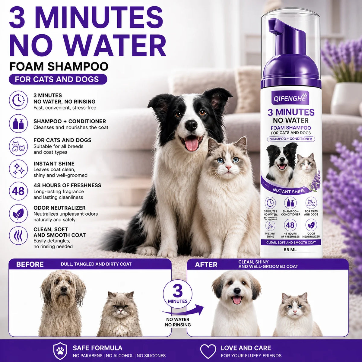 Lavender Waterless Foam Shampoo, 65ml