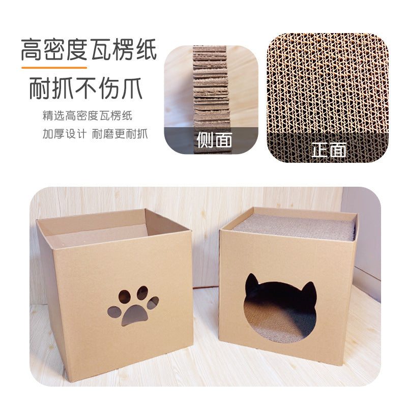 Cardboard scratcher box with paw-print and cat-shaped cut-outs