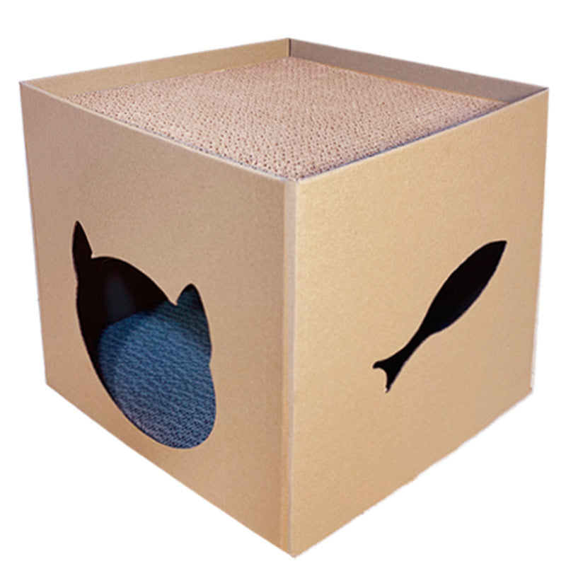 Cardboard scratcher box with a fish cut-out on the side and a scratching surface on top