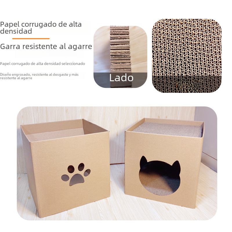 Cardboard scratcher box with a paw-print cut-out and a cat-shaped opening, with a close-up of the corrugated texture